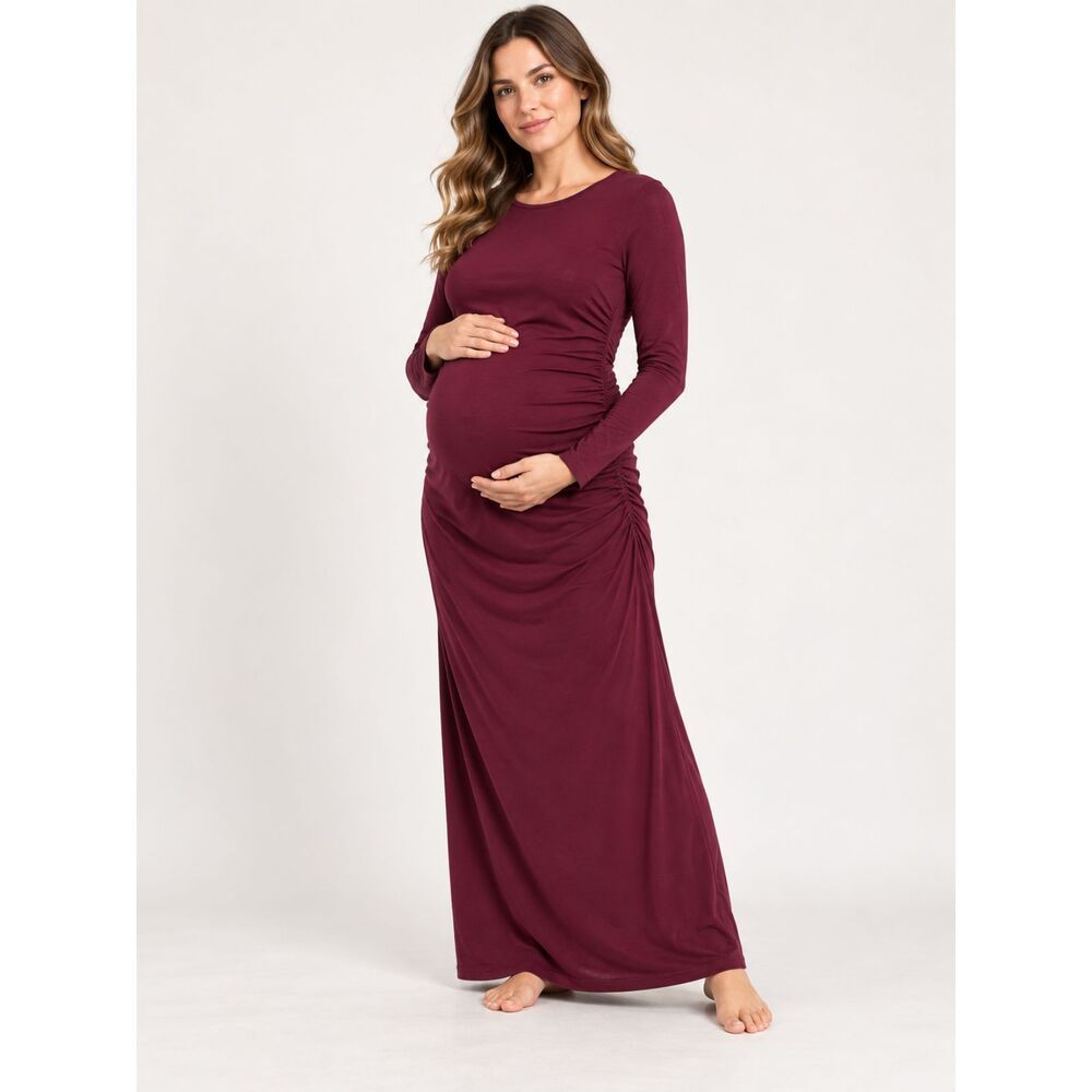 Motherhood Maternity Burgundy Long Sleeve Ruched Dress Size M
